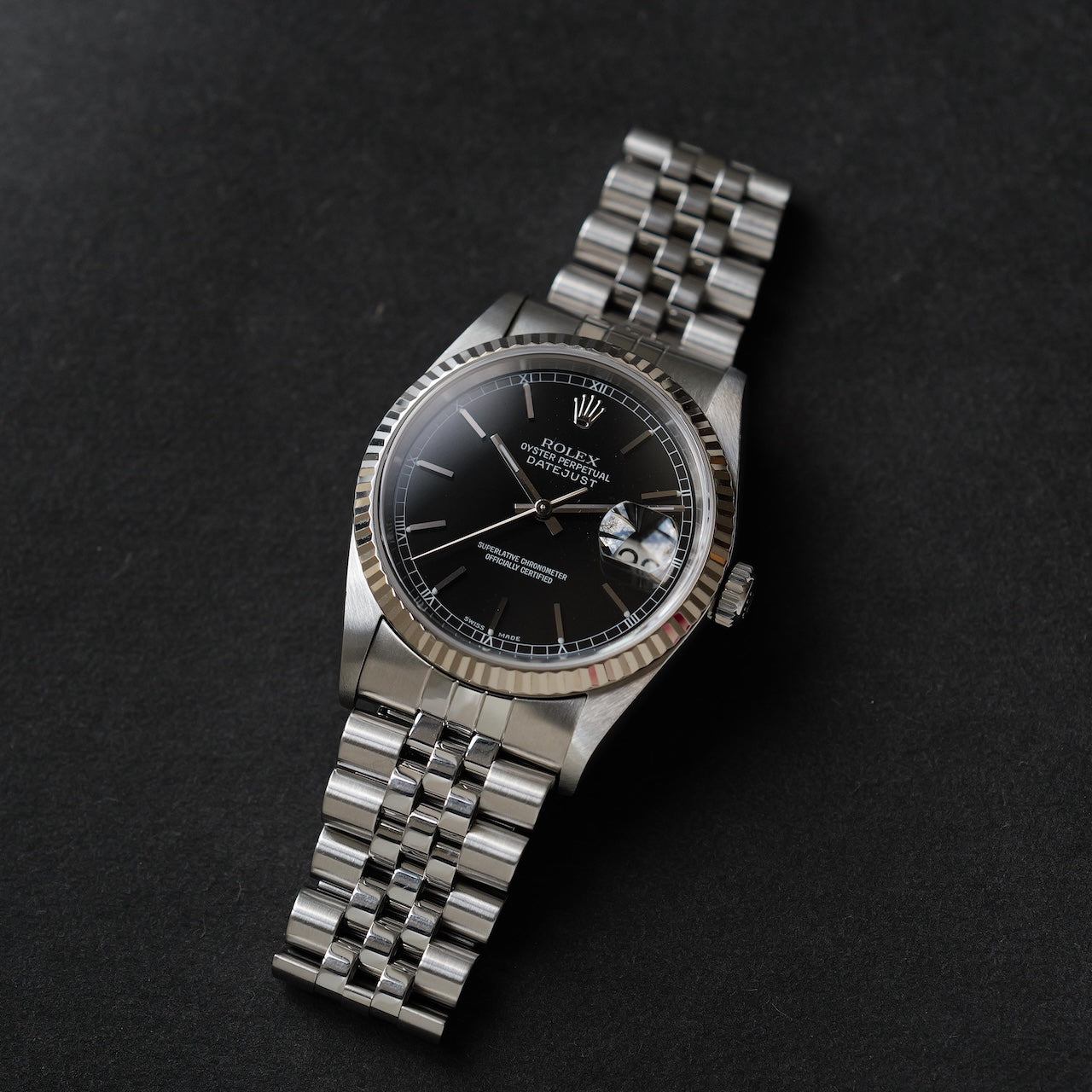 ロレックス/デイトジャスト16234/K番/黒文字盤/WGベゼル/箱・保証書付き/ROLEX DATE-JUST Ref.16234 "Black dial" K-Serial 2001y with Box and Paper
