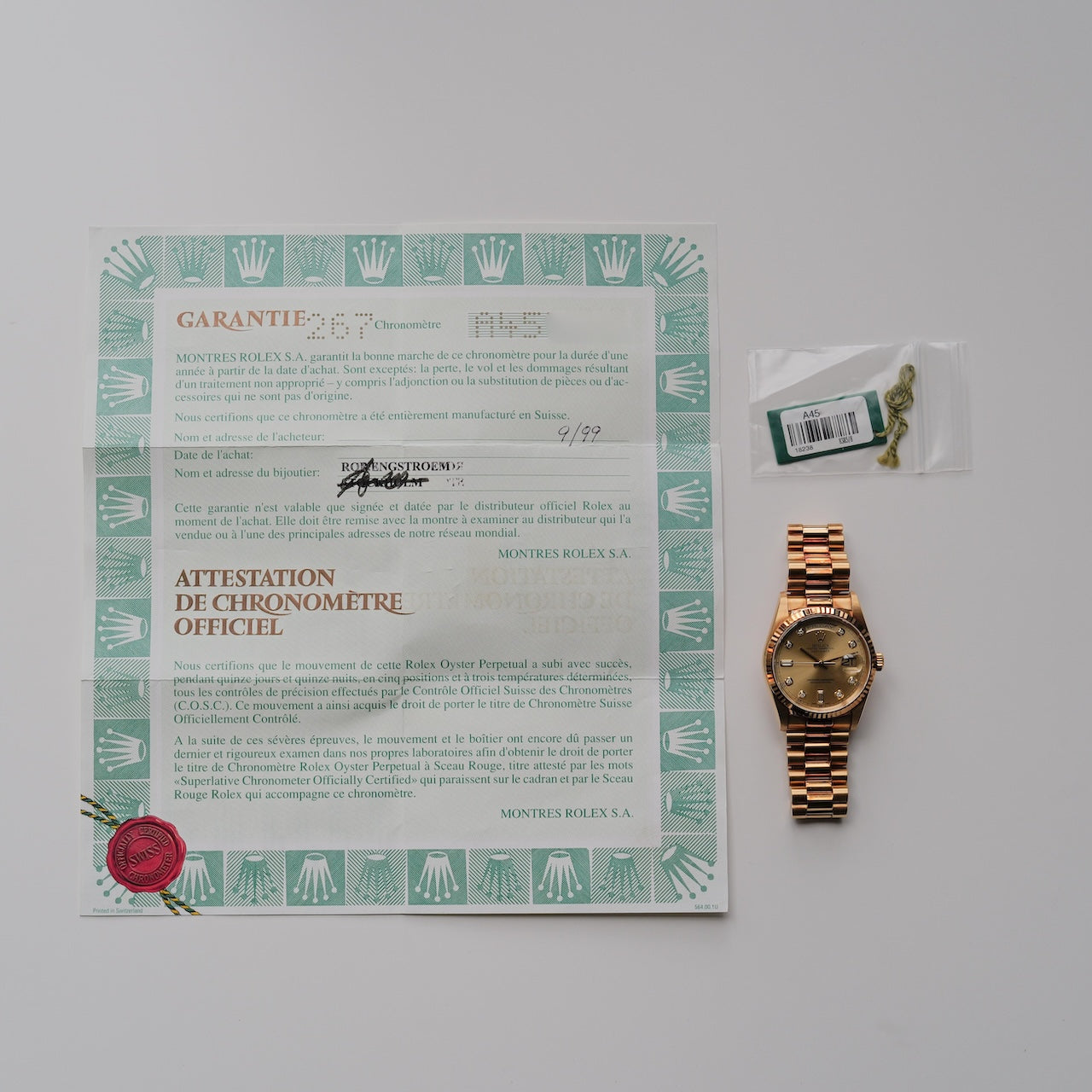 ロレックス/デイデイト18238/A番/10Pダイヤモンド/18Kイエローゴールド/保証書つき/ROLEX DAY-DATE Ref.18238 "10P Diamond" 18KYG 1998-99 with Paper