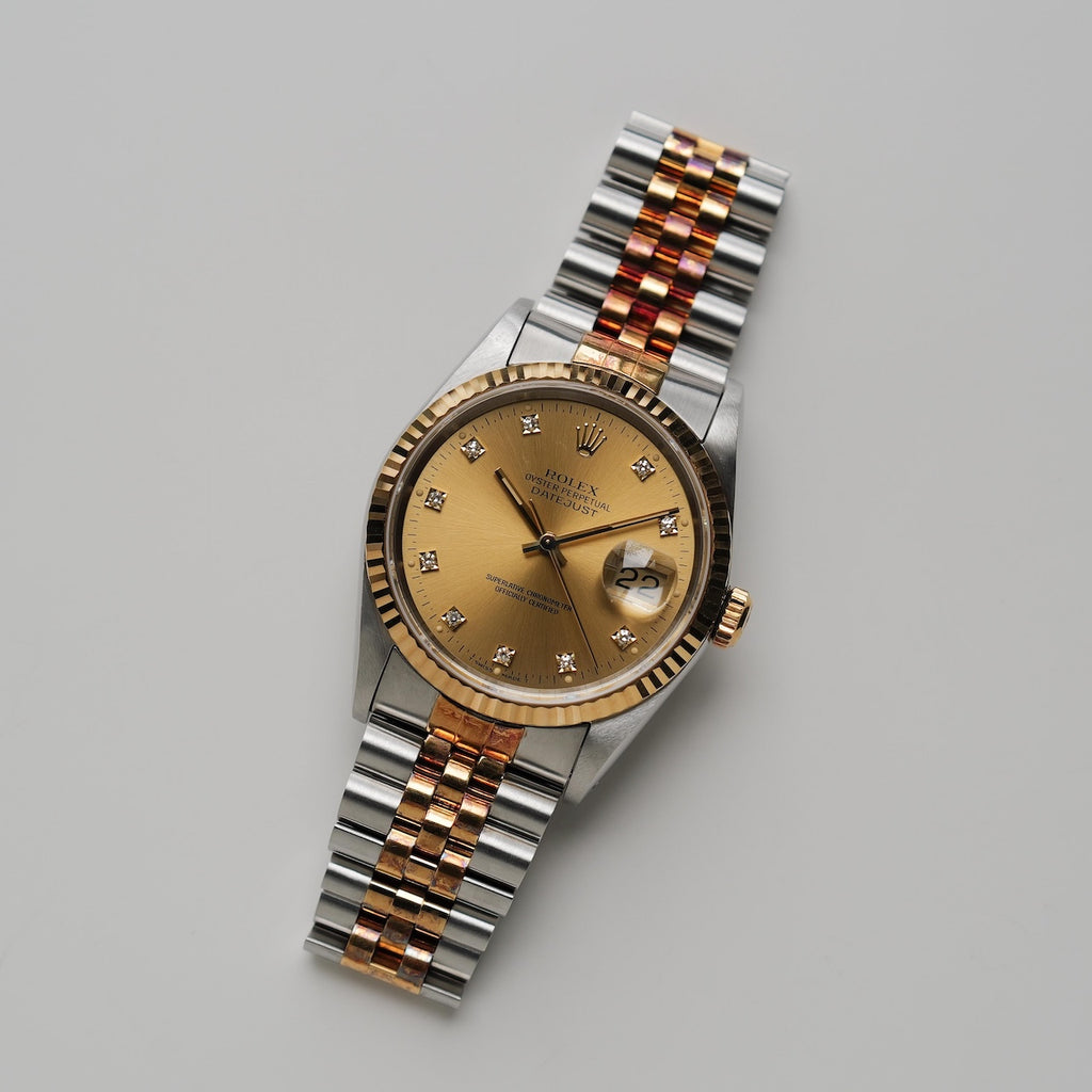 ロレックス/デイトジャスト16233G/X番/裏蓋シールあり/前期10Pダイヤ/18Kイエローゴールド/保証書付きフルセット/ROLEX DATE-JUST Ref.16233G "10P Diamonds" 18KYG 1991Y Full Set