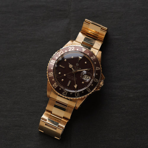 ロレックス/GMTマスター1675/8/茶つぼ/エナメルダイヤル/箱付き/ROLEX GMT-MASTER "Brown Nipple" Enamel Dial Ref.1675/8 18KYG Bracelet 1969-70Y with Box