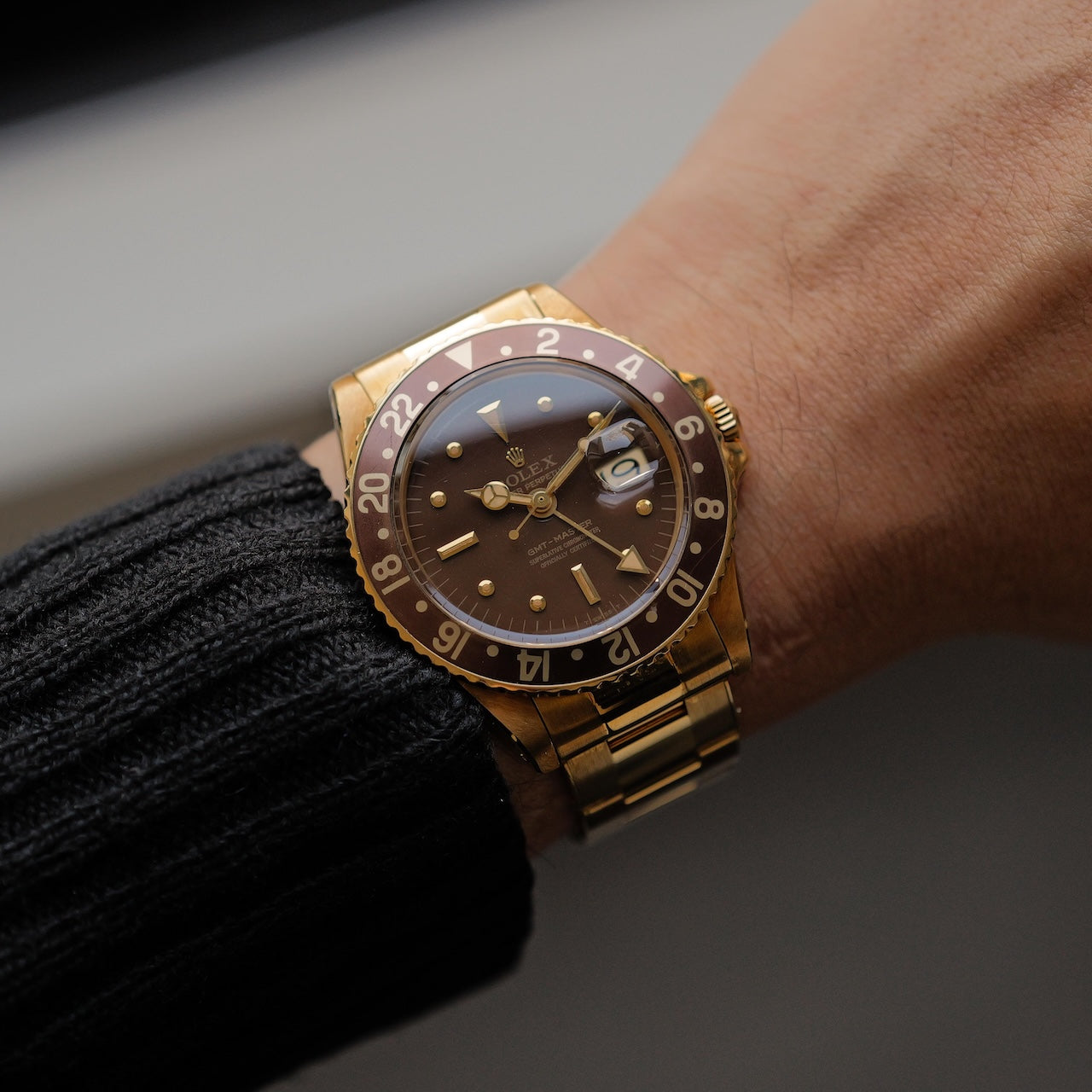 ロレックス/GMTマスター1675/8/茶つぼ/エナメルダイヤル/箱付き/ROLEX GMT-MASTER "Brown Nipple" Enamel Dial Ref.1675/8 18KYG Bracelet 1969-70Y with Box