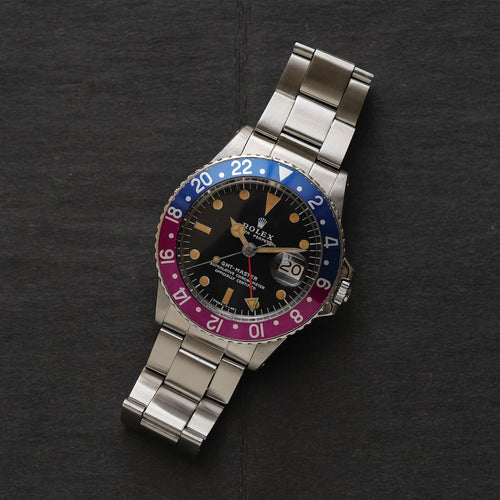 ロレックス/GMTマスター1675/フクシアベゼル/マーク２ダイヤル/箱・国内正規ギャラ付き/ROLEX GMT-MASTER Ref.1675 "Fuchcia Bezel" Mark2 Dial with Box and Paper 1972y