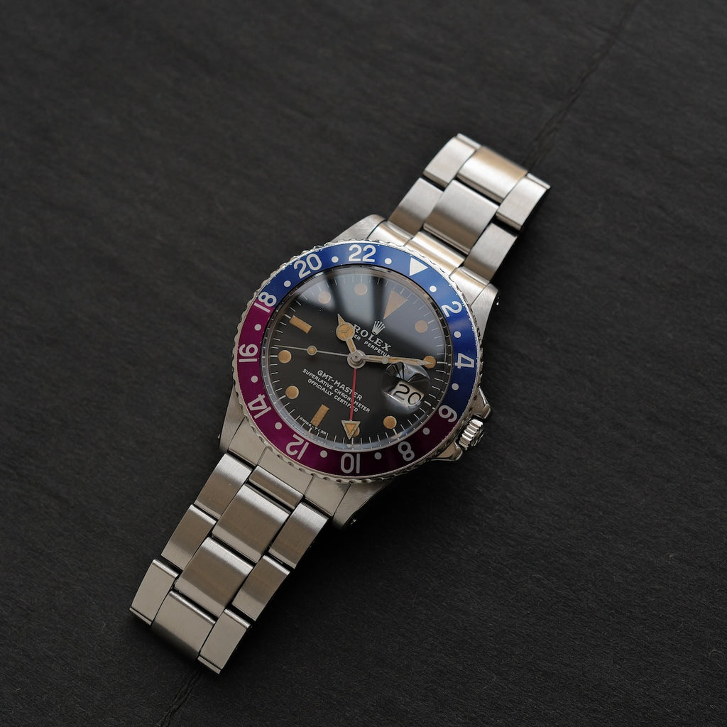 ロレックス/GMTマスター1675/フクシアベゼル/マーク２ダイヤル/箱・国内正規ギャラ付き/ROLEX GMT-MASTER Ref.1675 "Fuchcia Bezel" Mark2 Dial with Box and Paper 1972y