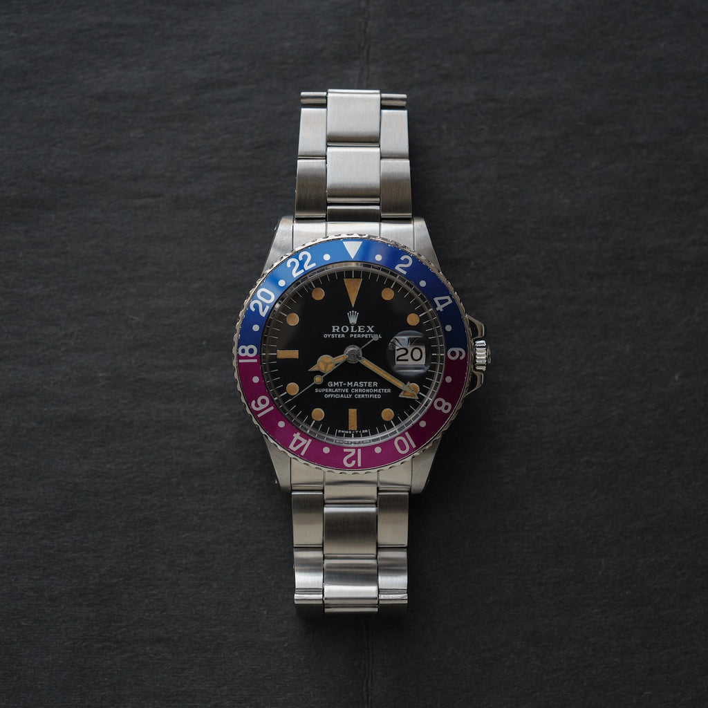 ロレックス/GMTマスター1675/フクシアベゼル/マーク２ダイヤル/箱・国内正規ギャラ付き/ROLEX GMT-MASTER Ref.1675 "Fuchcia Bezel" Mark2 Dial with Box and Paper 1972y