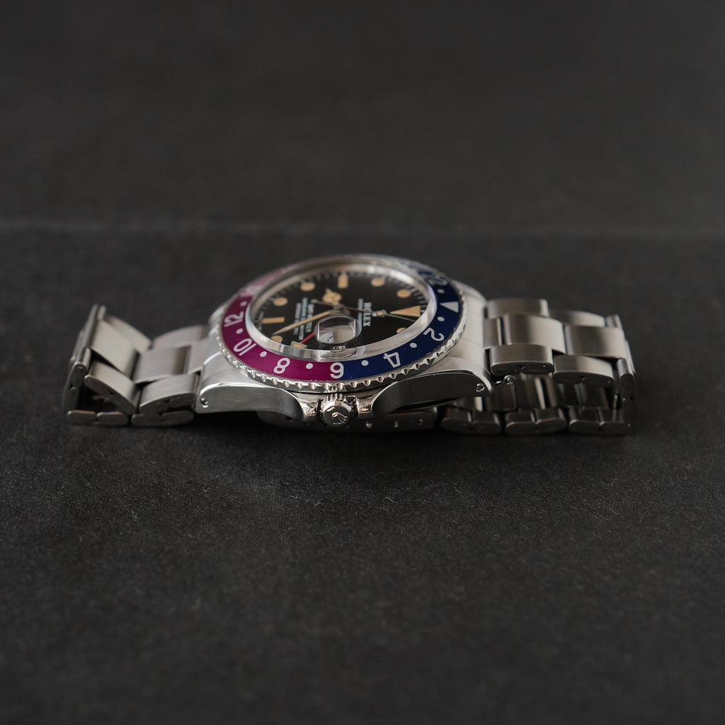 ロレックス/GMTマスター1675/フクシアベゼル/マーク２ダイヤル/箱・国内正規ギャラ付き/ROLEX GMT-MASTER Ref.1675 "Fuchcia Bezel" Mark2 Dial with Box and Paper 1972y