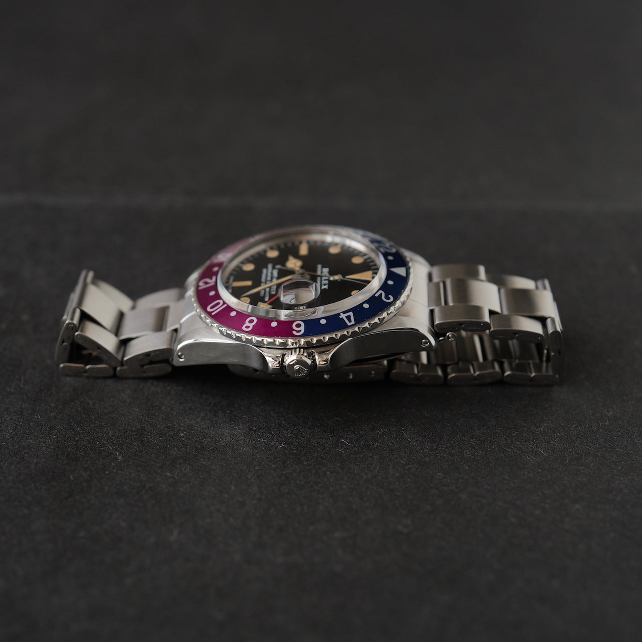 ロレックス/GMTマスター1675/フクシアベゼル/マーク２ダイヤル/箱・国内正規ギャラ付き/ROLEX GMT-MASTER Ref.1675 "Fuchcia Bezel" Mark2 Dial with Box and Paper 1972y