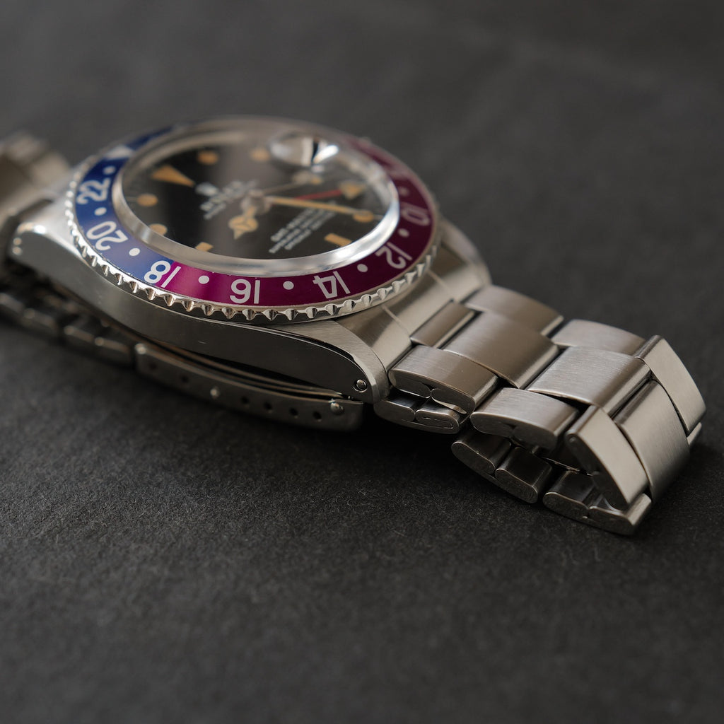 ロレックス/GMTマスター1675/フクシアベゼル/マーク２ダイヤル/箱・国内正規ギャラ付き/ROLEX GMT-MASTER Ref.1675 "Fuchcia Bezel" Mark2 Dial with Box and Paper 1972y