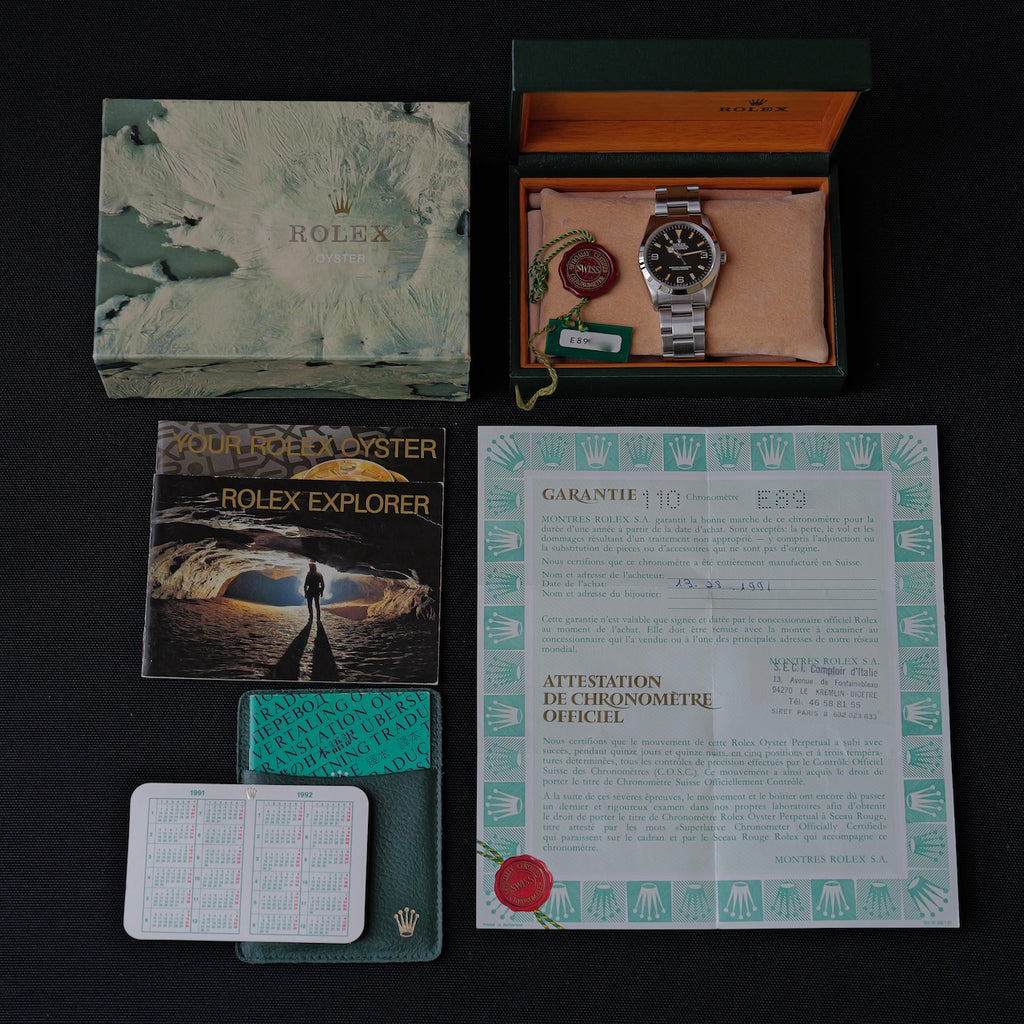 ロレックス/エクスプローラー14270/E番/パティーナダイヤル/オールトリチウム/シングルバックル/ラグ横穴あり/保証書付きフルセット/ROLEX EXPLORER 1 REF.14270 "PATINA" E-Serial All Tritium Single Buckle 1990Y Full Set