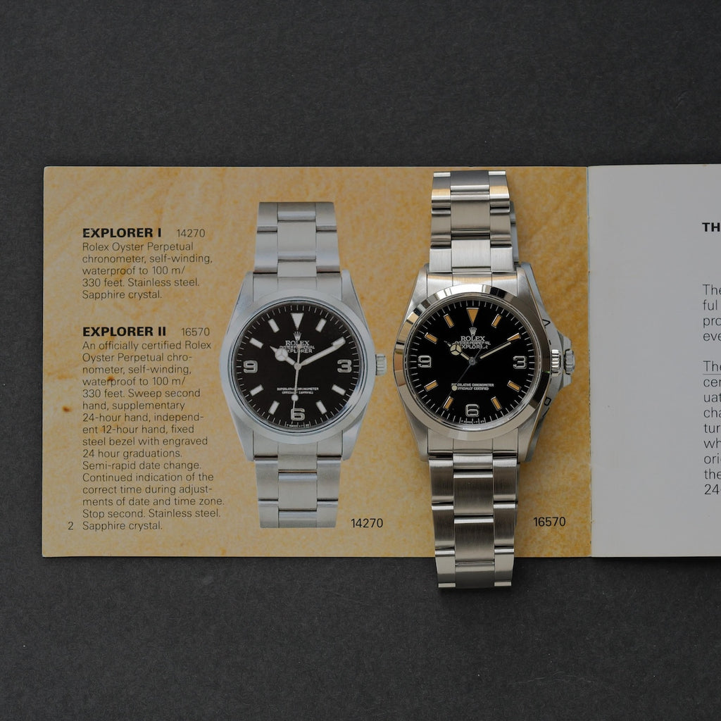 ロレックス/エクスプローラー14270/E番/パティーナダイヤル/オールトリチウム/シングルバックル/ラグ横穴あり/保証書付きフルセット/ROLEX EXPLORER 1 REF.14270 "PATINA" E-Serial All Tritium Single Buckle 1990Y Full Set