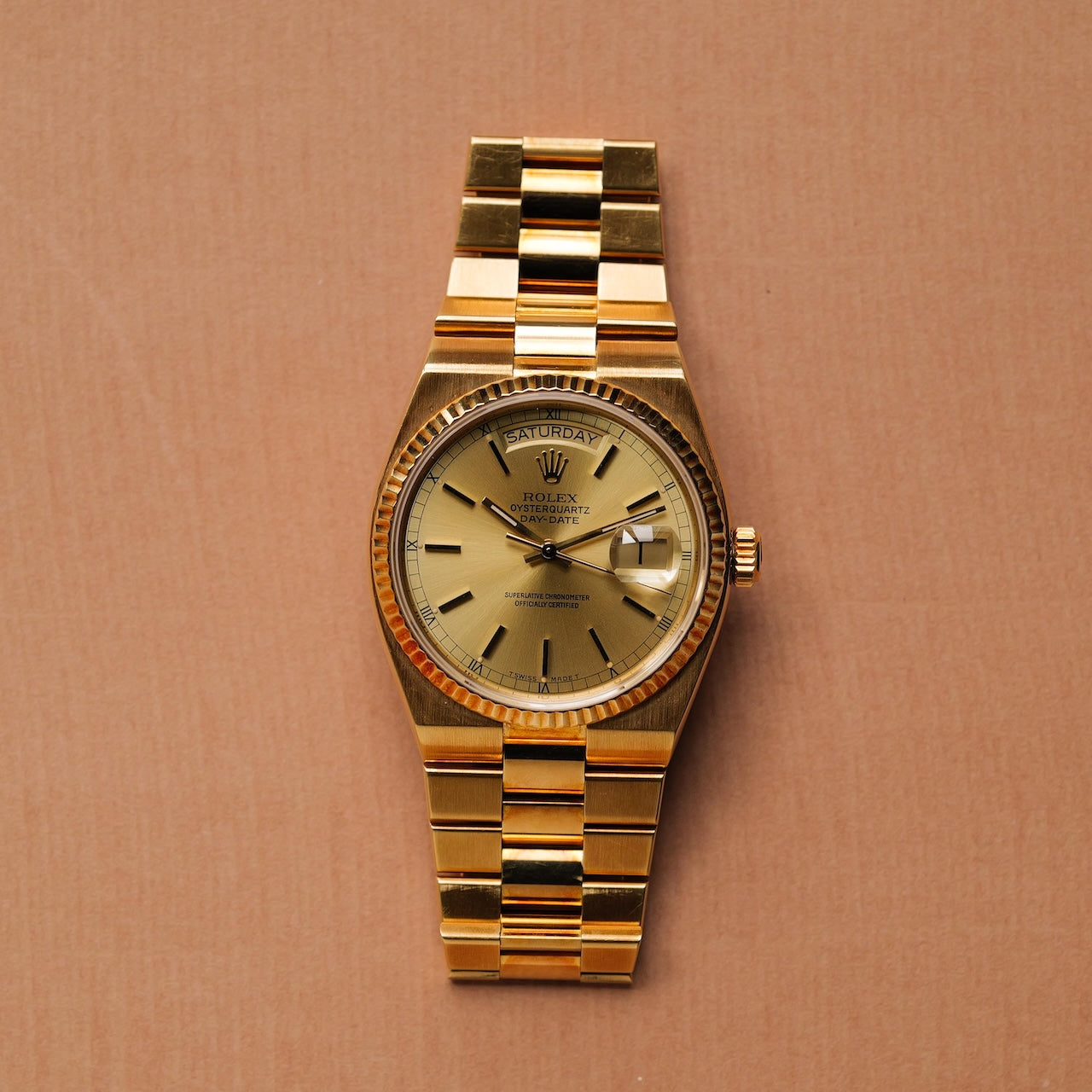 ロレックス/デイデイト オイスタークォーツ/19018N/18Kイエローゴールド/箱・国際保証書付き/ROLEX DAY-DATE OYSTER-QUARTZ REF.19018N 18KYG with Paper and Box 1986Y