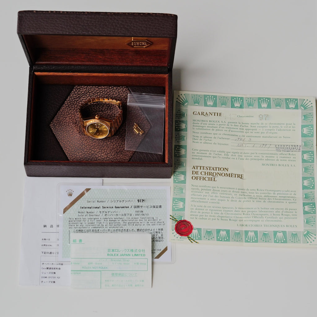 ロレックス/デイデイト オイスタークォーツ/19018N/18Kイエローゴールド/箱・国際保証書付き/ROLEX DAY-DATE OYSTER-QUARTZ REF.19018N 18KYG with Paper and Box 1986Y