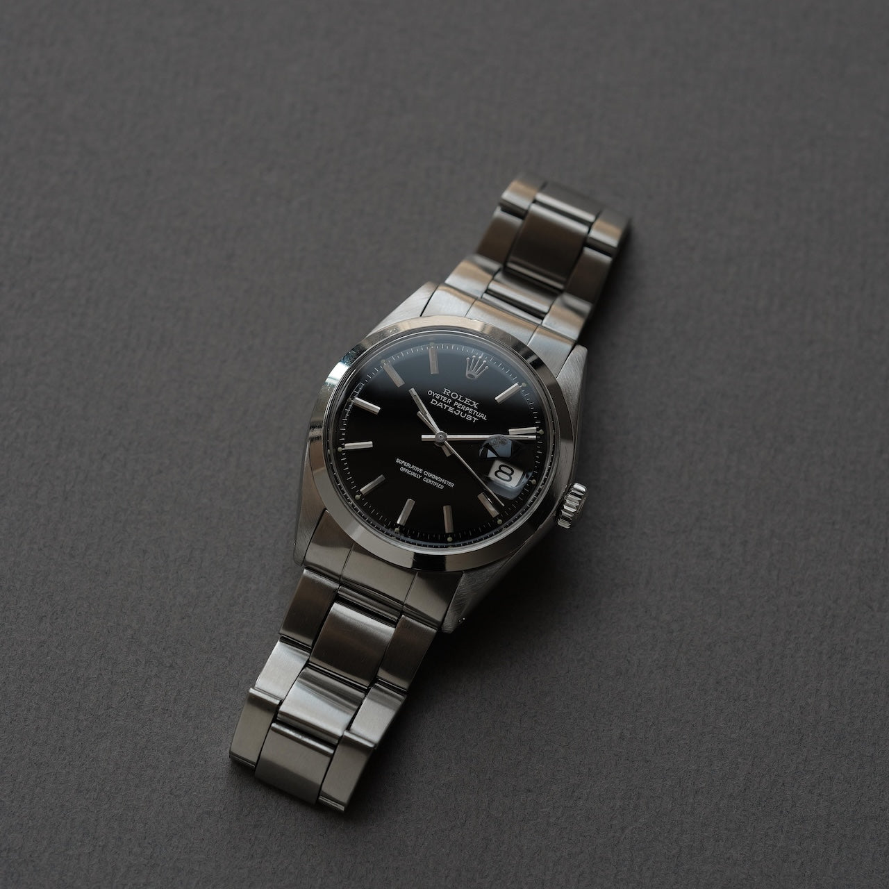ロレックス/デイトジャスト1600/ミラーダイヤル/シルバーフォント/ROLEX DATE JUST REF.1600 BLACK MIRROR GILT DIAL 1970Y