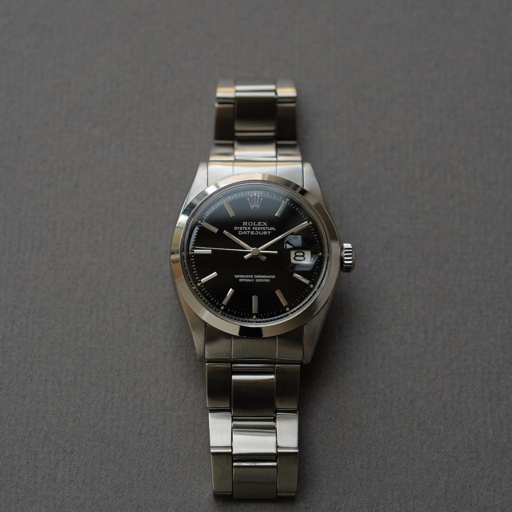 ロレックス/デイトジャスト1600/ミラーダイヤル/シルバーフォント/ROLEX DATE JUST REF.1600 BLACK MIRROR GILT DIAL 1970Y