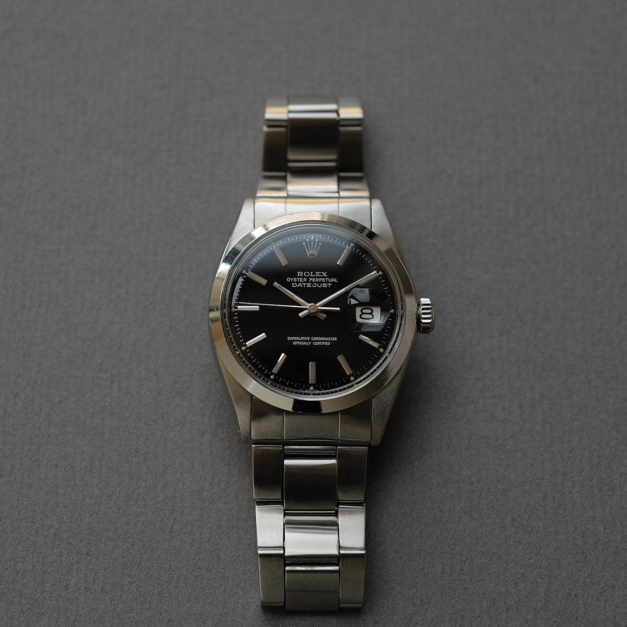 ロレックス/デイトジャスト1600/ミラーダイヤル/シルバーフォント/ROLEX DATE JUST REF.1600 BLACK MIRROR GILT DIAL 1970Y