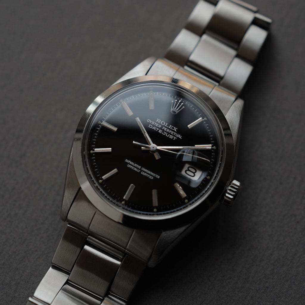 ロレックス/デイトジャスト1600/ミラーダイヤル/シルバーフォント/ROLEX DATE JUST REF.1600 BLACK MIRROR GILT DIAL 1970Y