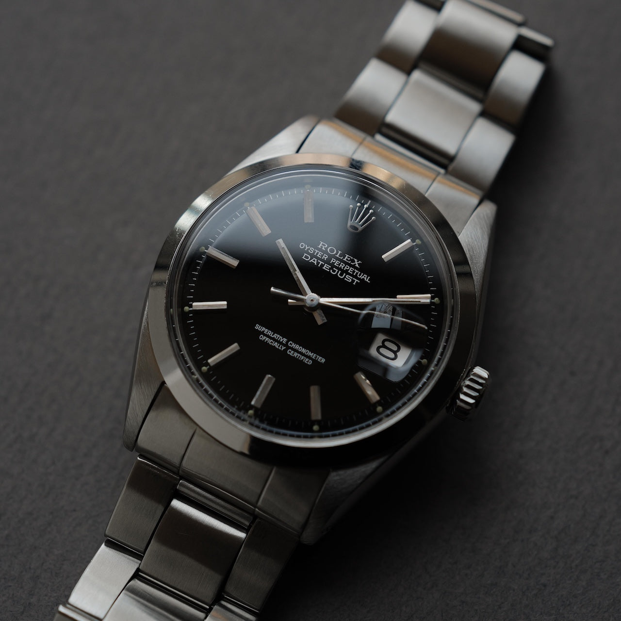 ロレックス/デイトジャスト1600/ミラーダイヤル/シルバーフォント/ROLEX DATE JUST REF.1600 BLACK MIRROR GILT DIAL 1970Y