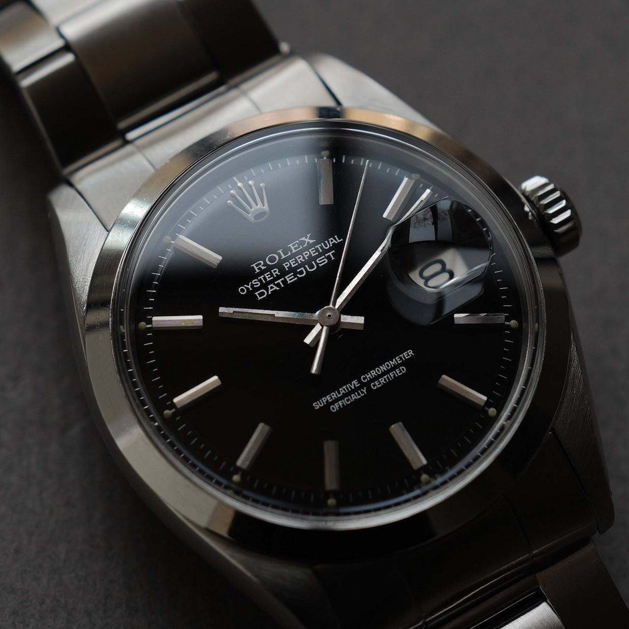 ロレックス/デイトジャスト1600/ミラーダイヤル/シルバーフォント/ROLEX DATE JUST REF.1600 BLACK MIRROR GILT DIAL 1970Y