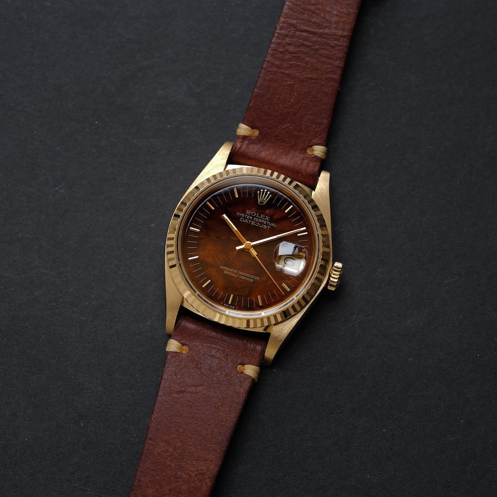 ロレックス/デイトジャスト16018/ウォールナット/ウッドダイヤル/18Kイエローゴールド/ROLEX DATE JUST REF.16018 "WALLNUT" Wood Dial 18KYG 1982Y