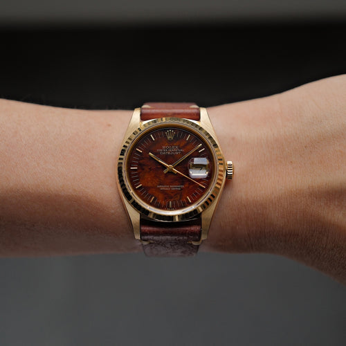 ロレックス/デイトジャスト16018/ウォールナット/ウッドダイヤル/18Kイエローゴールド/ROLEX DATE JUST REF.16018 "WALLNUT" Wood Dial 18KYG 1982Y