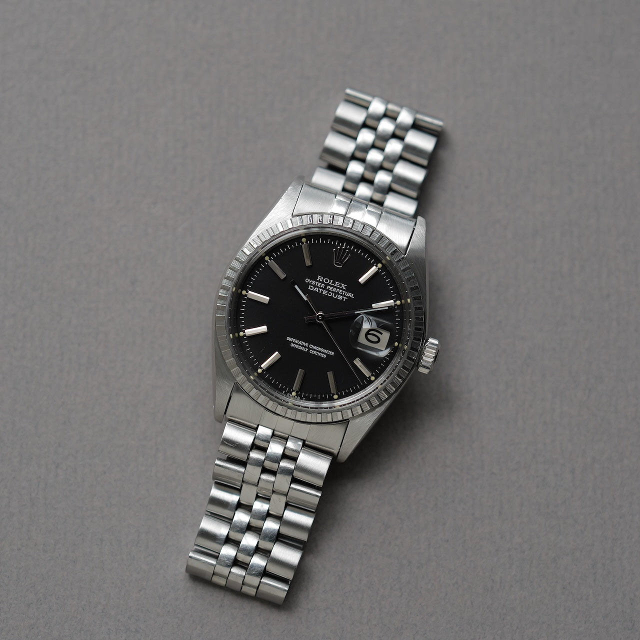 ロレックス/デイトジャスト1603/マット黒文字盤/シルバーフォント/エンジンターンドベゼル/USジュビリー/ROLEX DATE-JUST REF.1603 "Black Matte dial" US Jubilee  Silver print 1969Y