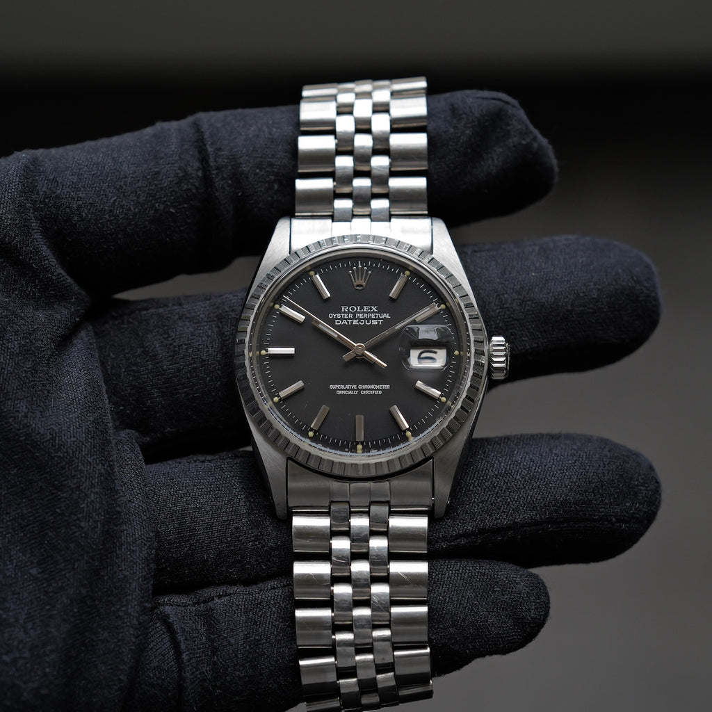 ロレックス/デイトジャスト1603/マット黒文字盤/シルバーフォント/エンジンターンドベゼル/USジュビリー/ROLEX DATE-JUST REF.1603 "Black Matte dial" US Jubilee  Silver print 1969Y