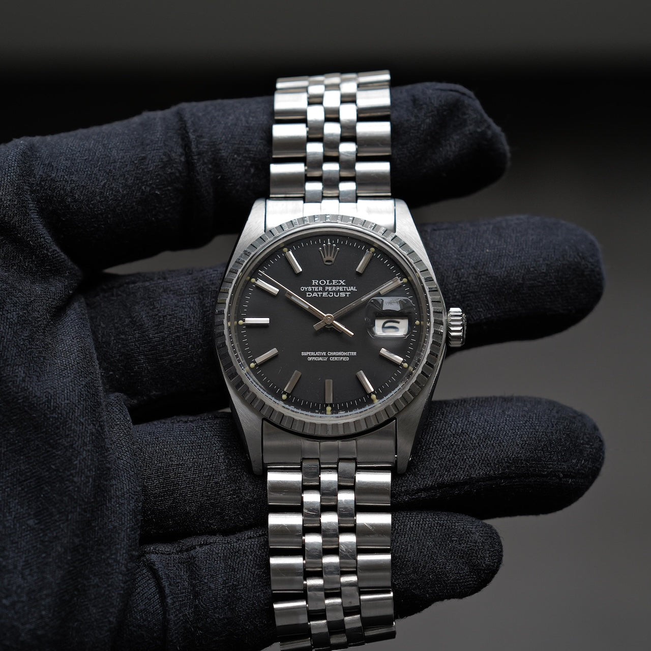 ロレックス/デイトジャスト1603/マット黒文字盤/シルバーフォント/エンジンターンドベゼル/USジュビリー/ROLEX DATE-JUST REF.1603 "Black Matte dial" US Jubilee  Silver print 1969Y