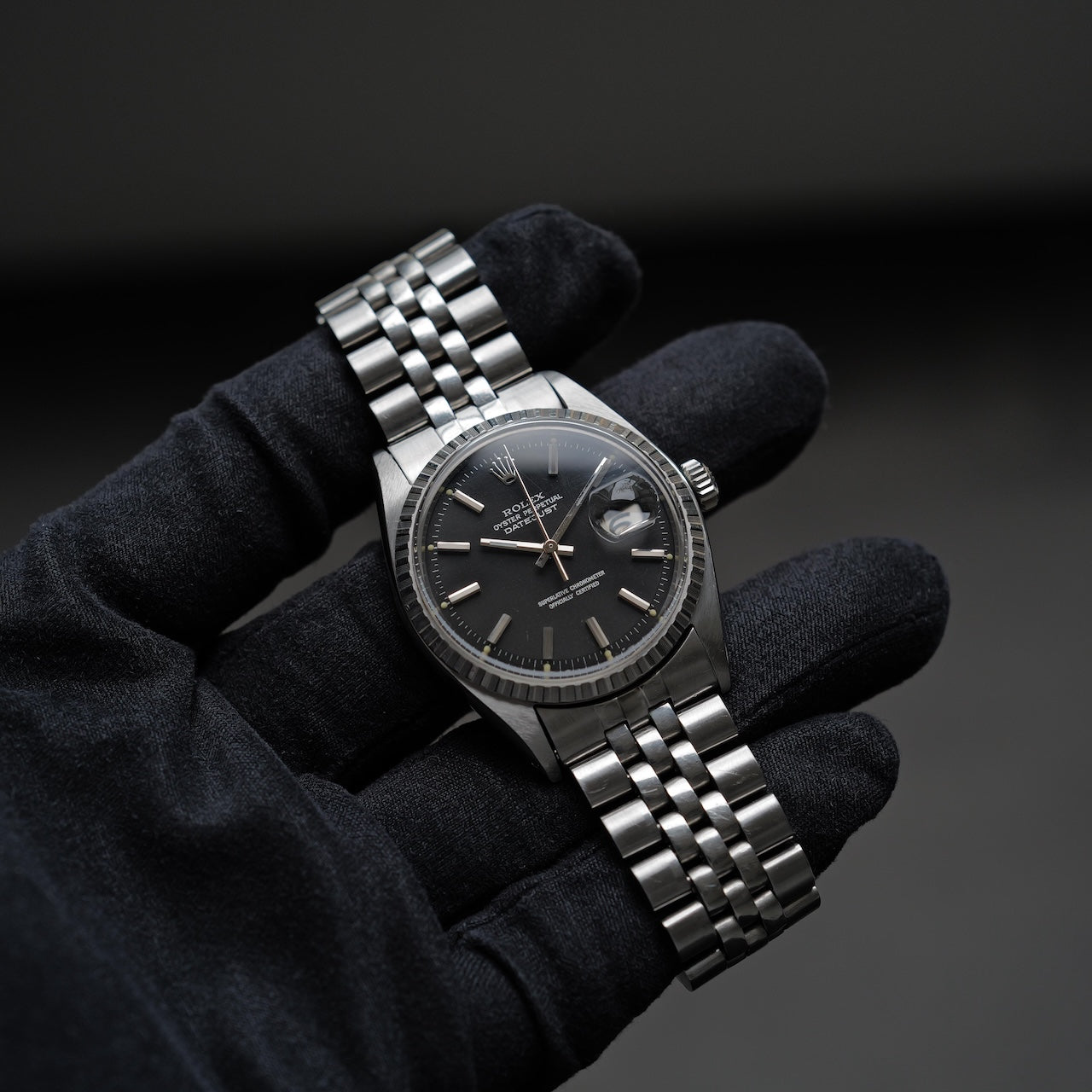 ロレックス/デイトジャスト1603/マット黒文字盤/シルバーフォント/エンジンターンドベゼル/USジュビリー/ROLEX DATE-JUST REF.1603 "Black Matte dial" US Jubilee  Silver print 1969Y