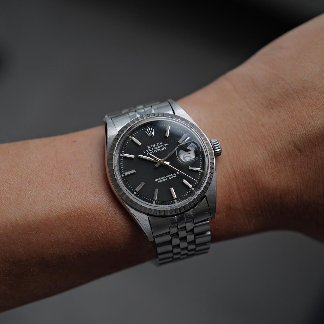 ロレックス/デイトジャスト1603/マット黒文字盤/シルバーフォント/エンジンターンドベゼル/USジュビリー/ROLEX DATE-JUST REF.1603 "Black Matte dial" US Jubilee  Silver print 1969Y