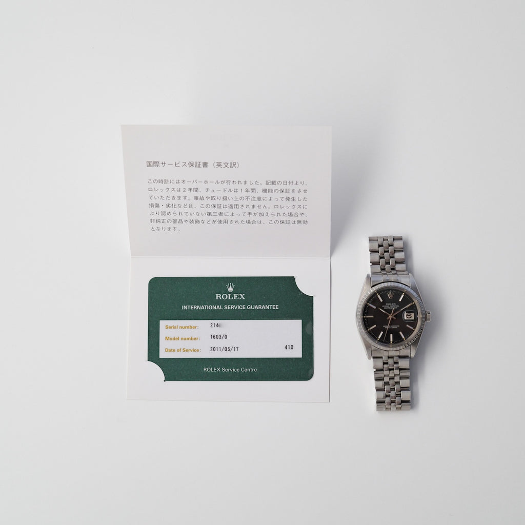 ロレックス/デイトジャスト1603/マット黒文字盤/シルバーフォント/エンジンターンドベゼル/USジュビリー/ROLEX DATE-JUST REF.1603 "Black Matte dial" US Jubilee  Silver print 1969Y