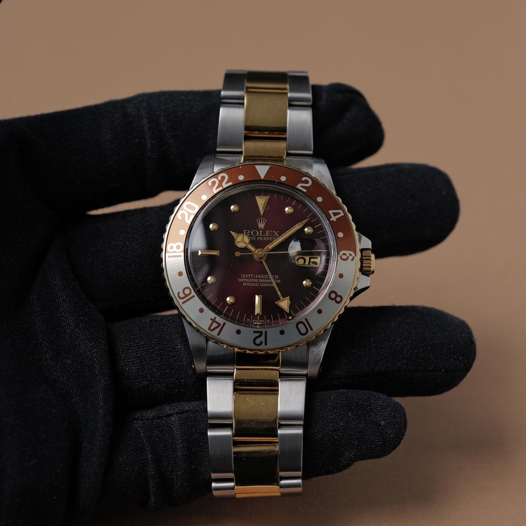 ロレックス/GMTマスター16753/茶つぼ/ダークレッド/ルートビア/保証書付き/ROLEX GMT MASTER REF.16753 "Brown Nipple dial" Root Beer 1982Y with Paper