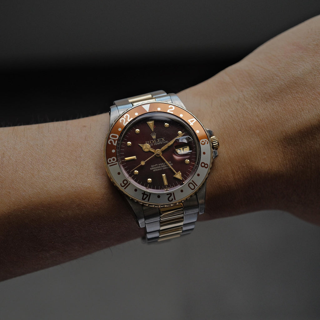 ロレックス/GMTマスター16753/茶つぼ/ダークレッド/ルートビア/保証書付き/ROLEX GMT MASTER REF.16753 "Brown Nipple dial" Root Beer 1982Y with Paper
