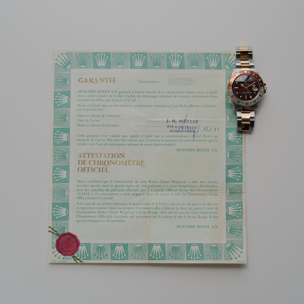 ロレックス/GMTマスター16753/茶つぼ/ダークレッド/ルートビア/保証書付き/ROLEX GMT MASTER REF.16753 "Brown Nipple dial" Root Beer 1982Y with Paper