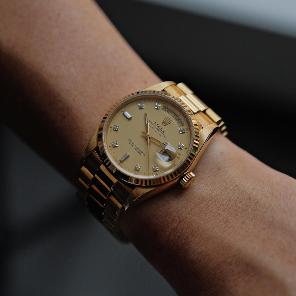 ロレックス/デイデイト18038/シャンパン/10Pダイヤモンド/保証書付き/ROLEX DAY-DATE Ref.18038 "10P Diamonds" 18KYG 1984y with Paper