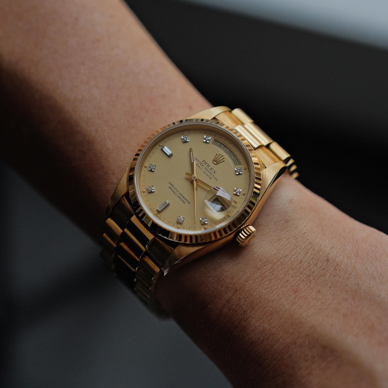 ロレックス/デイデイト18038/シャンパン/10Pダイヤモンド/保証書付き/ROLEX DAY-DATE Ref.18038 "10P Diamonds" 18KYG 1984y with Paper