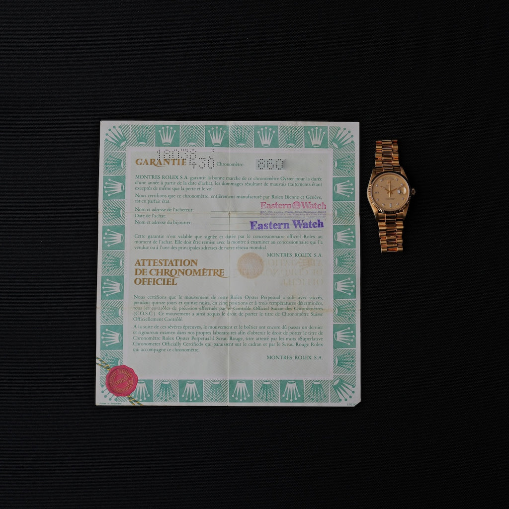 ロレックス/デイデイト18038/シャンパン/10Pダイヤモンド/保証書付き/ROLEX DAY-DATE Ref.18038 "10P Diamonds" 18KYG 1984y with Paper