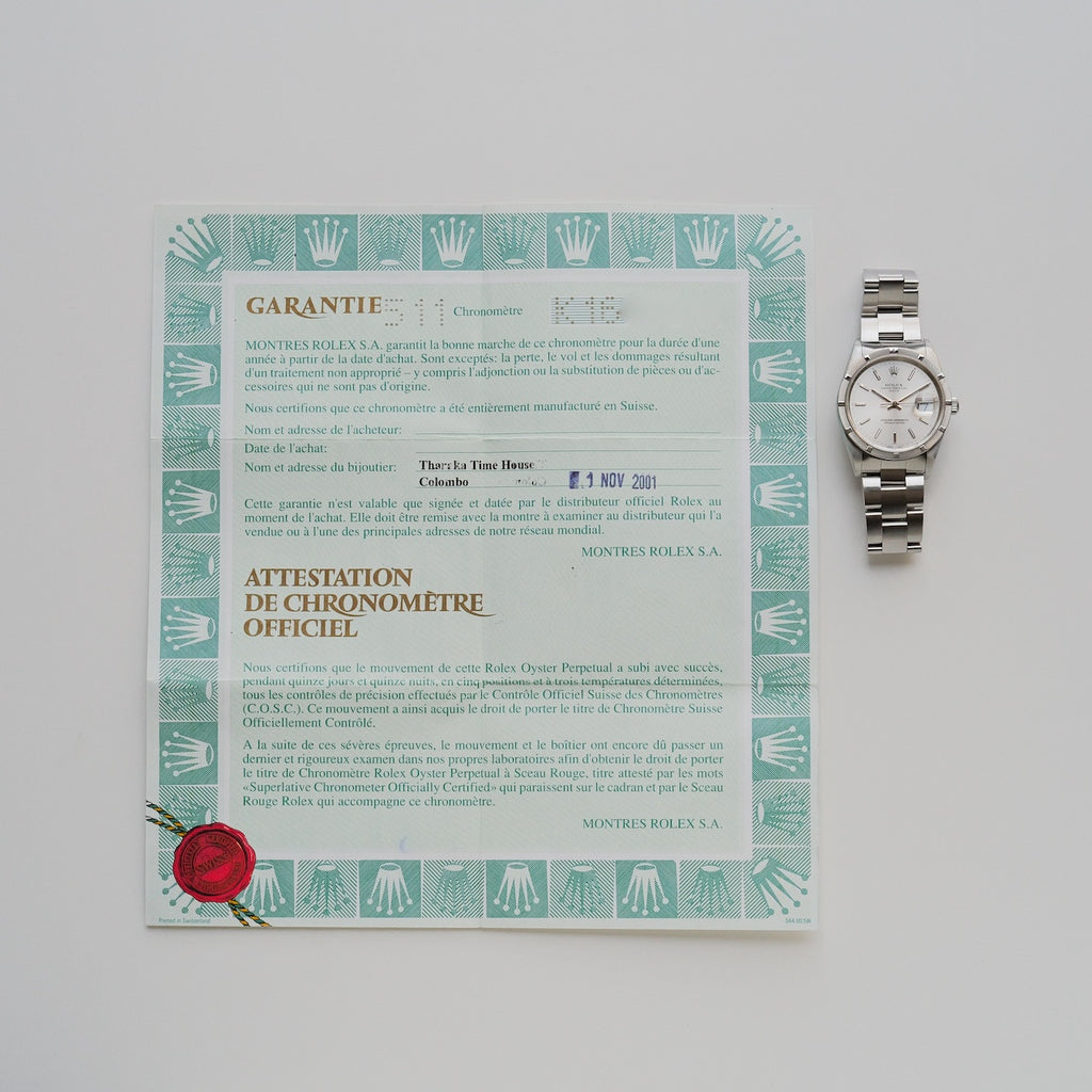 ロレックス/オイスターパーペチュアルデイト15210/K番/シルバーダイヤル/保証書付き/ROLEX OYSTER PERPETUAL DATE REF.15210 SILVER DIAL 2001 with Paper
