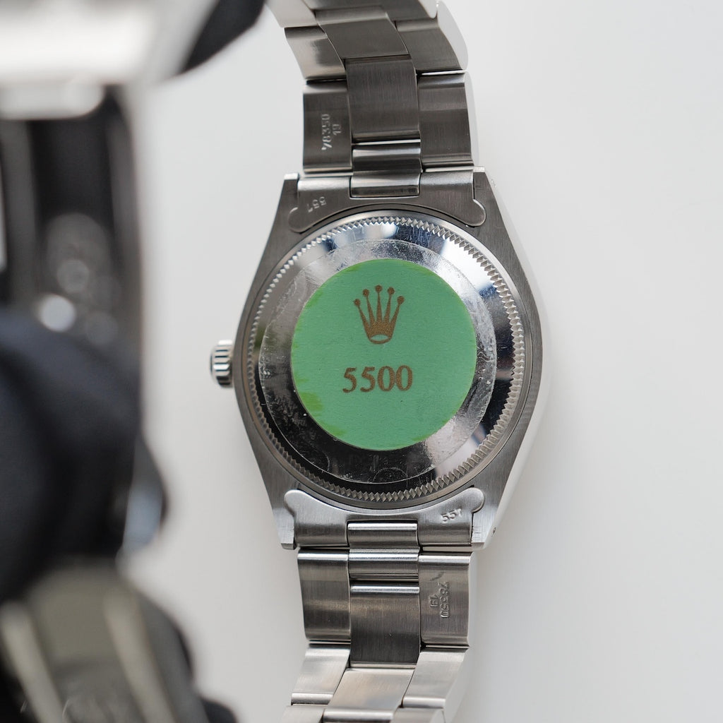 ロレックス/エアキング5500/シルバーダイヤル/裏蓋シール/元箱・保証書つき/ROLEX AIR-KING Ref.5500 "Silver Dial" 1982-1983Y with Box and Paper