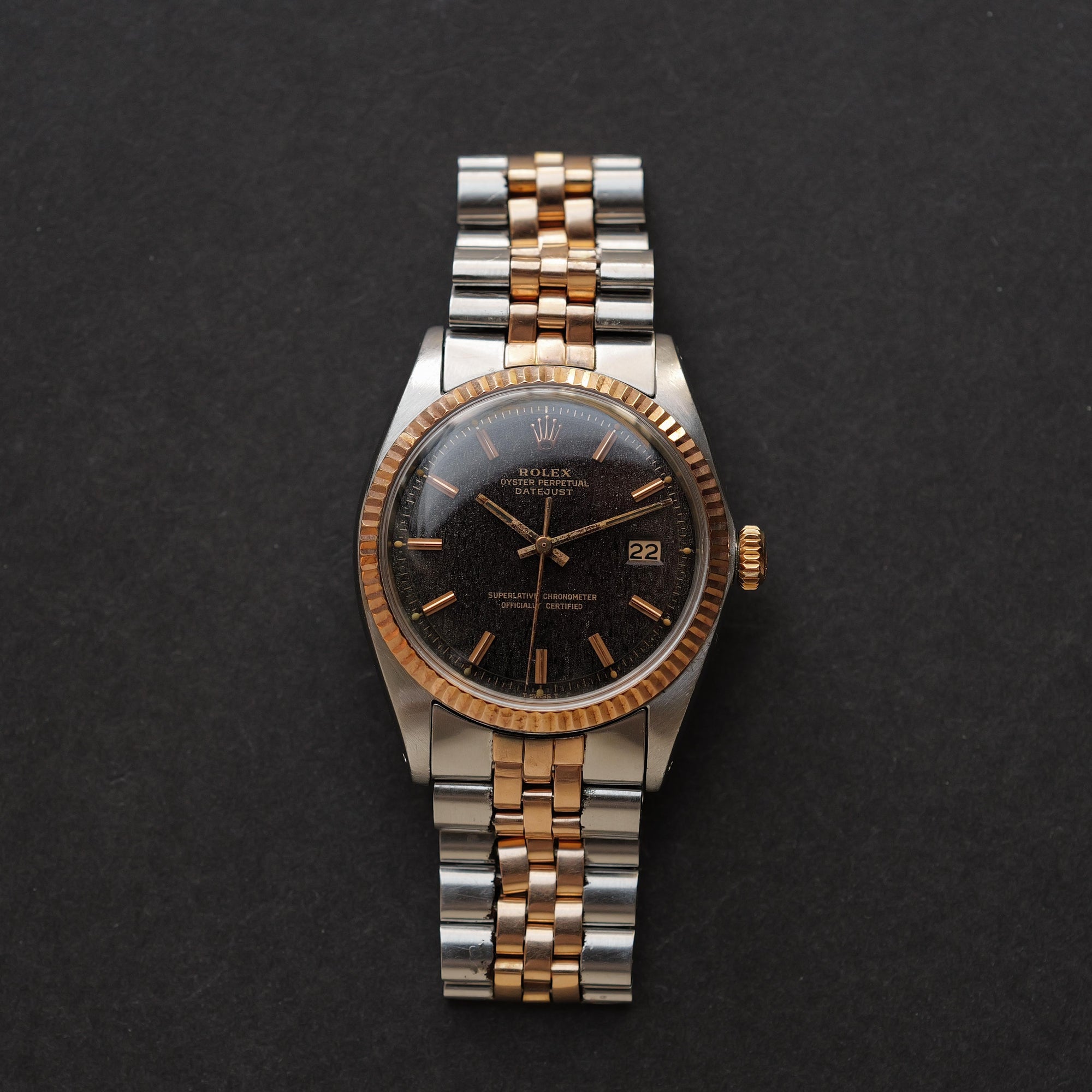 ロレックス/デイトジャスト1601/5/トロピカル/ギルトダイヤル/ピンクゴールド/ROLEX DATEJUST REF.1601/5 "TROPICAL GILT DIAL" Fluted Pink Gold Bezel 1968Y