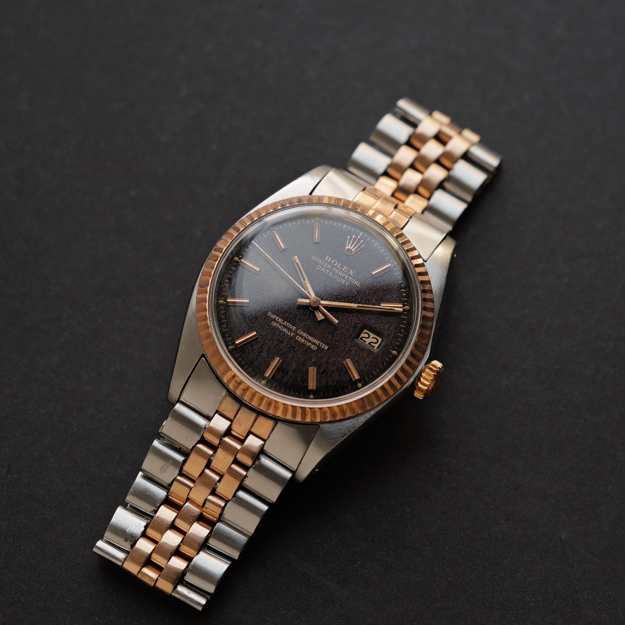 ロレックス/デイトジャスト1601/5/トロピカル/ギルトダイヤル/ピンクゴールド/ROLEX DATEJUST REF.1601/5 "TROPICAL GILT DIAL" Fluted Pink Gold Bezel 1968Y