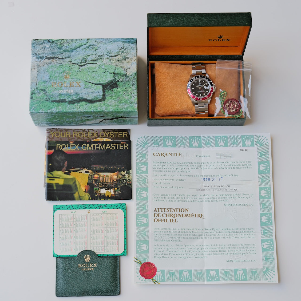 ロレックス/GMTマスター2/16710/T番/コークベゼル/赤黒/箱・保証書付き/ROLEX GMT-MASTER 2 REF.16710 "COKE" Bezel All Tritium 1996y Full Set