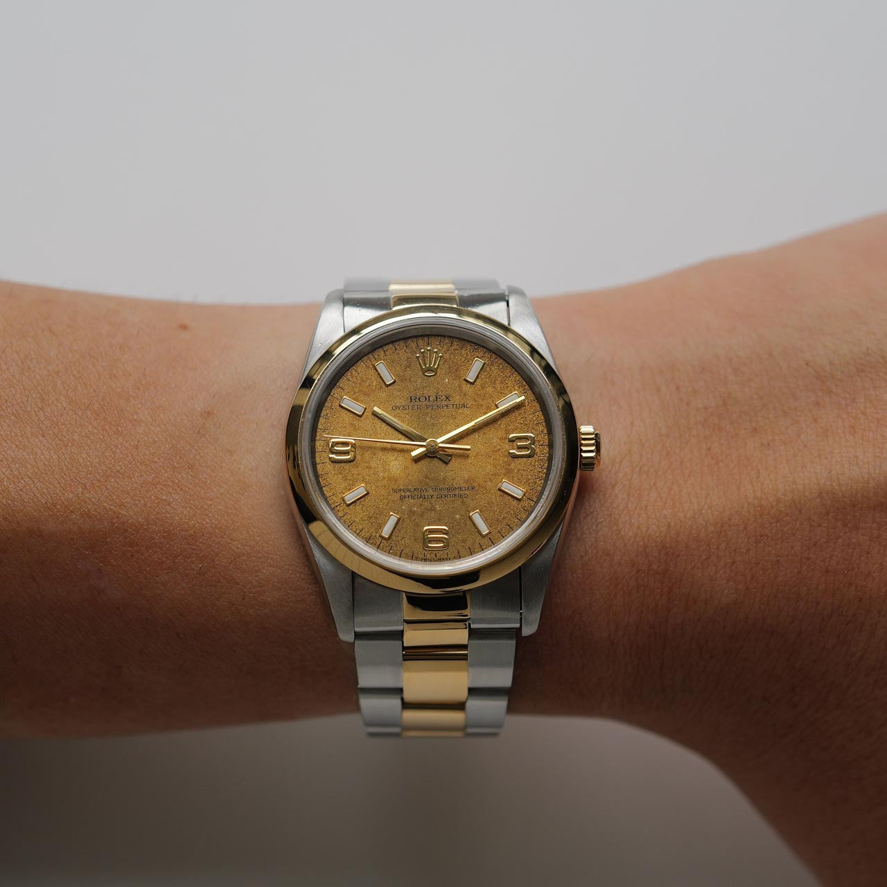 ロレックス/オイスターパーペチュアル14203/S番/トロピカルダイヤル/18Kイエローゴールド/アラビアインデックス/ROLEX OYSTER PERPETUAL REF.14203 "Tropical Dial" Oyster 1993-94y