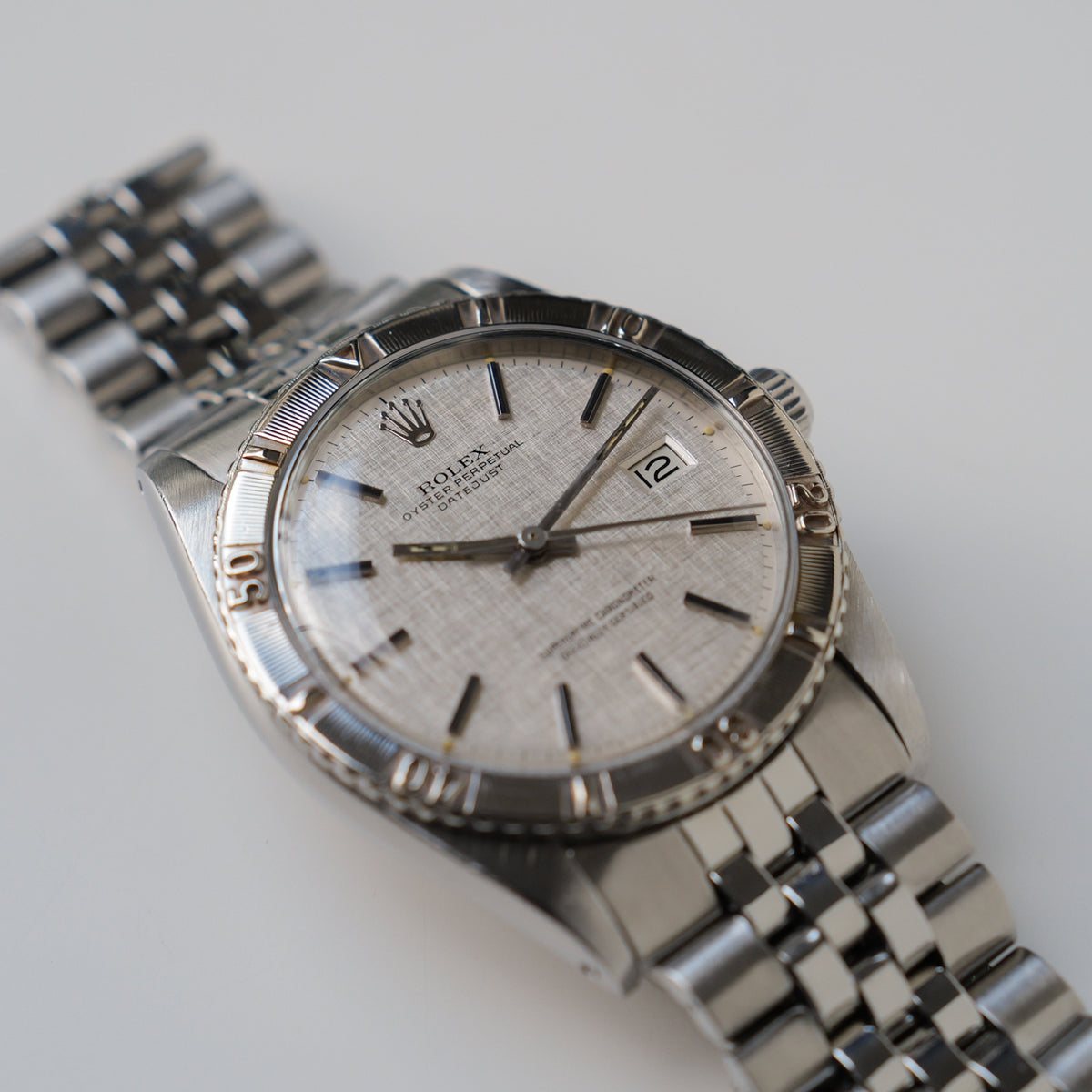 ロレックス/デイトジャスト1625/サンダーバード/リネンダイヤル/WGベゼル/ROLEX DATEJUST THUNDERBIRD REF.1625 Silver "Linen Dial" 1966y