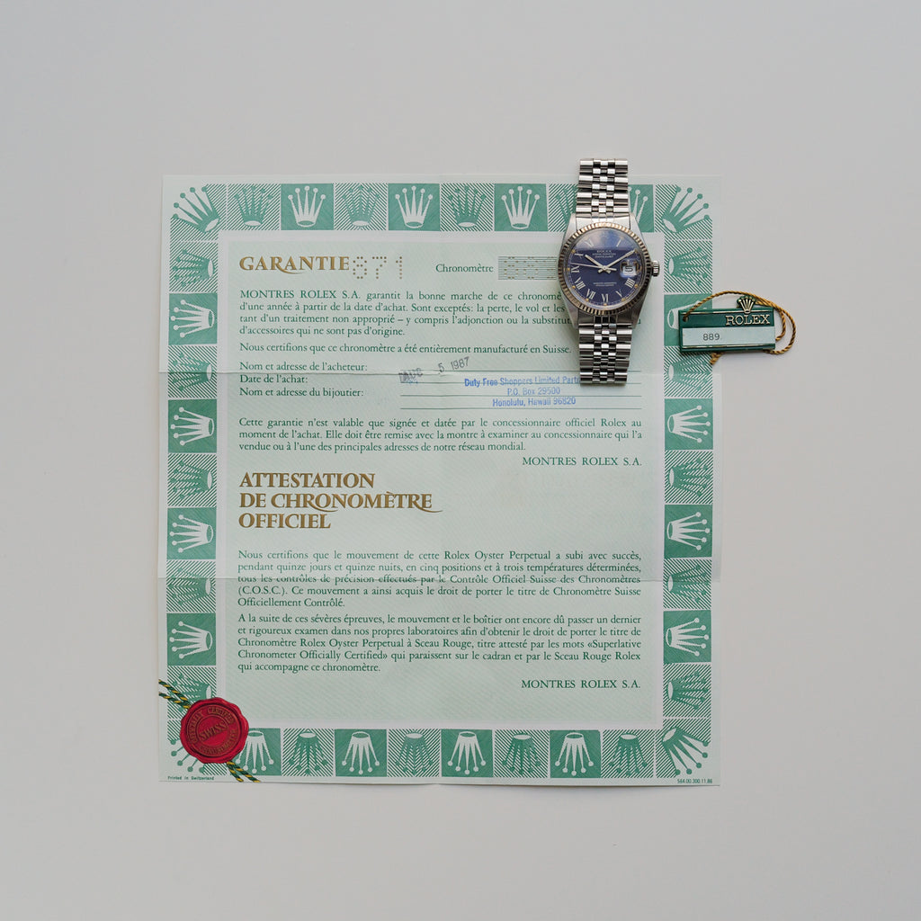 ロレックス/デイトジャスト16014/ブルーバックリー/ローマン/WGベゼル/保証書付き/ROLEX DATEJUST REF.16014 "Blue Buckley Dial" 1985y with Guarantee