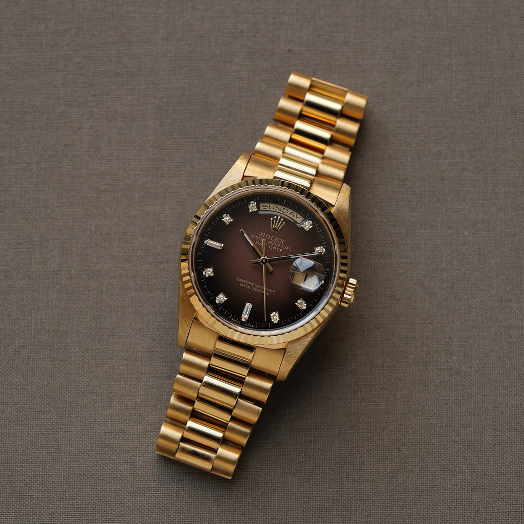 ロレックス/デイデイト18238A/A番/ブラウングラデーション/8Pダイヤ・2Pバゲット/トリチノバ/ROLEX DAY-DATE REF.18238 Brown Vignette Dial 8P Diamond 2P Baguette Tritinova 1998-99y
