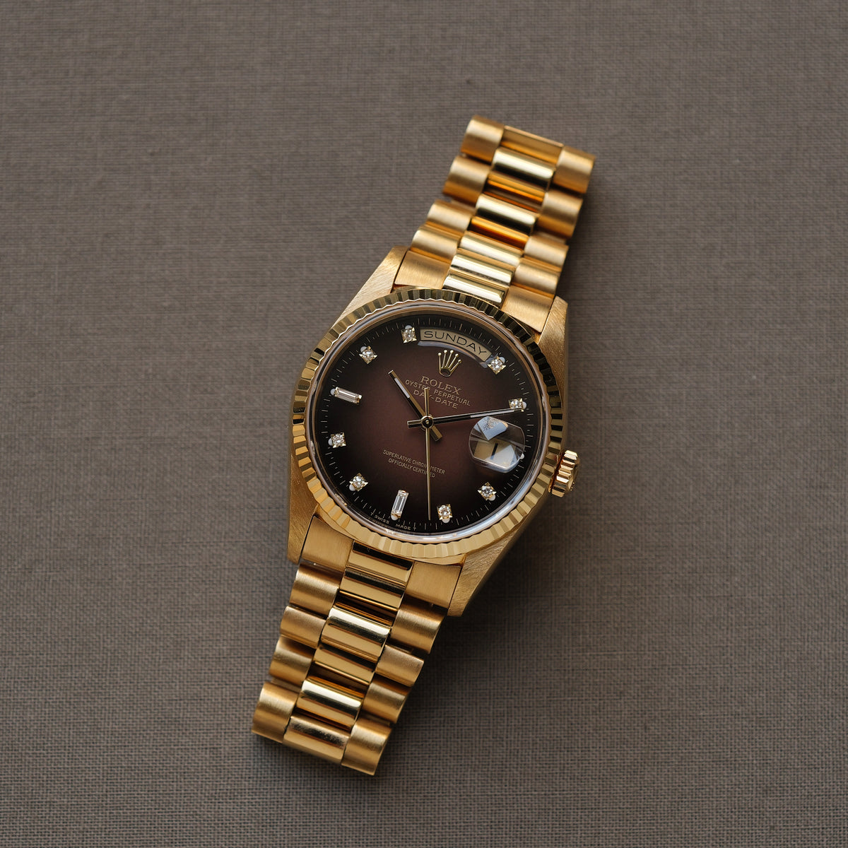 ロレックス/デイデイト18238A/A番/ブラウングラデーション/8Pダイヤ・2Pバゲット/トリチノバ/ROLEX DAY-DATE REF.18238 Brown Vignette Dial 8P Diamond 2P Baguette Tritinova 1998-99y