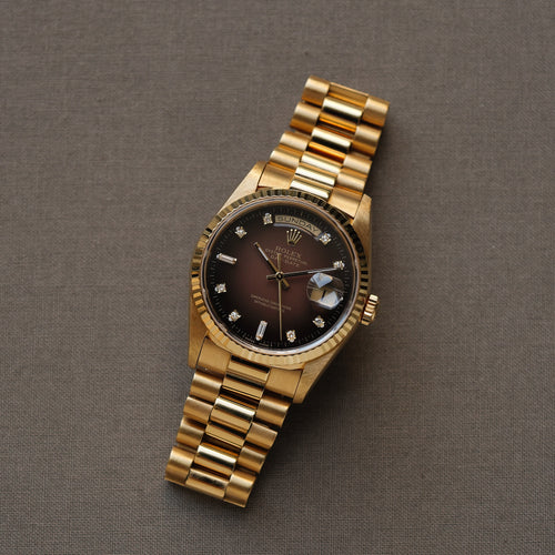 ロレックス/デイデイト18238A/A番/ブラウングラデーション/8Pダイヤ・2Pバゲット/トリチノバ/ROLEX DAY-DATE REF.18238 Brown Vignette Dial 8P Diamond 2P Baguette Tritinova 1998-99y