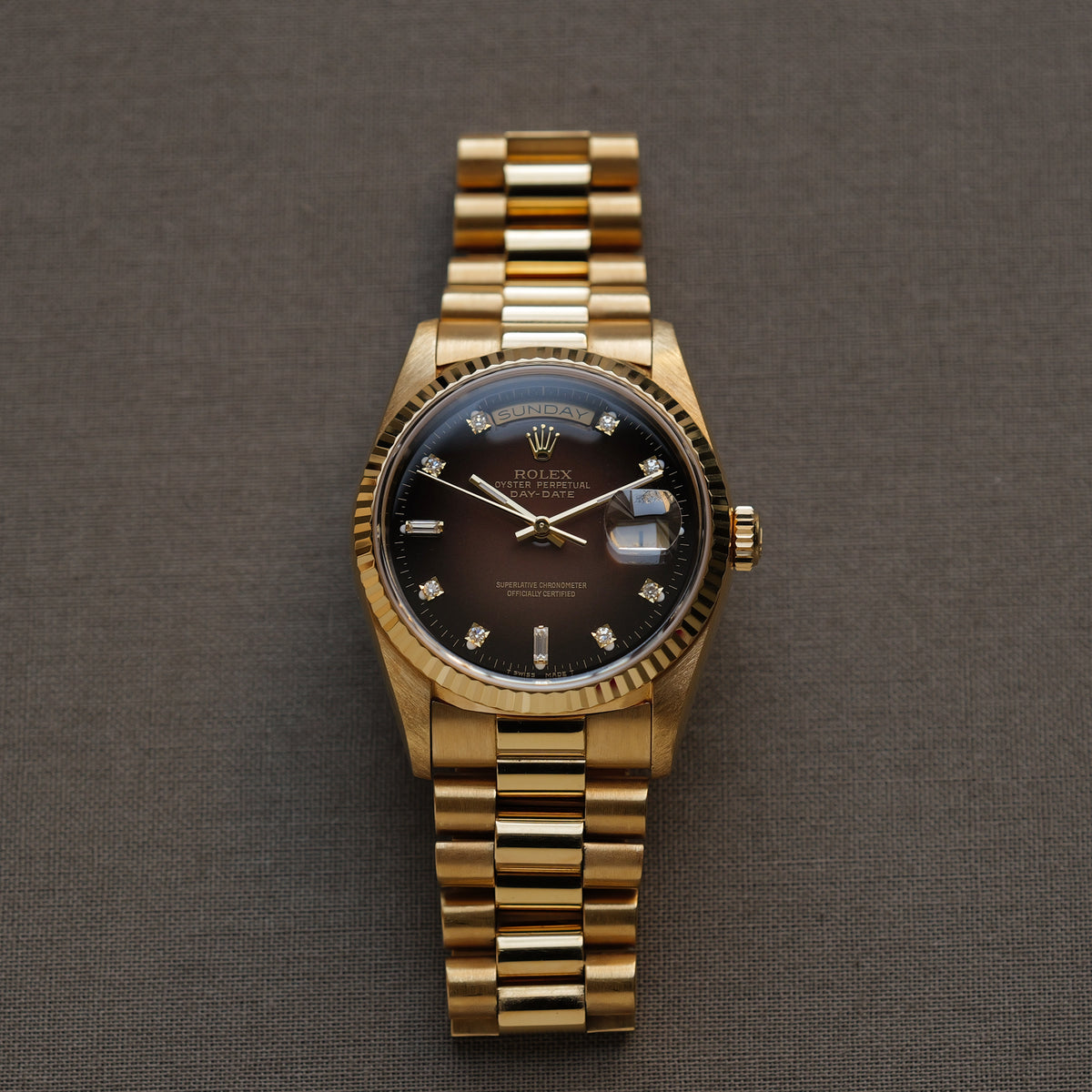 ロレックス/デイデイト18238A/A番/ブラウングラデーション/8Pダイヤ・2Pバゲット/トリチノバ/ROLEX DAY-DATE REF.18238 Brown Vignette Dial 8P Diamond 2P Baguette Tritinova 1998-99y