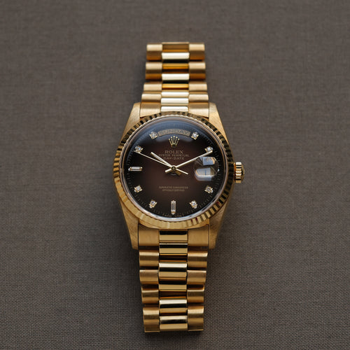 ロレックス/デイデイト18238A/A番/ブラウングラデーション/8Pダイヤ・2Pバゲット/トリチノバ/ROLEX DAY-DATE REF.18238 Brown Vignette Dial 8P Diamond 2P Baguette Tritinova 1998-99y