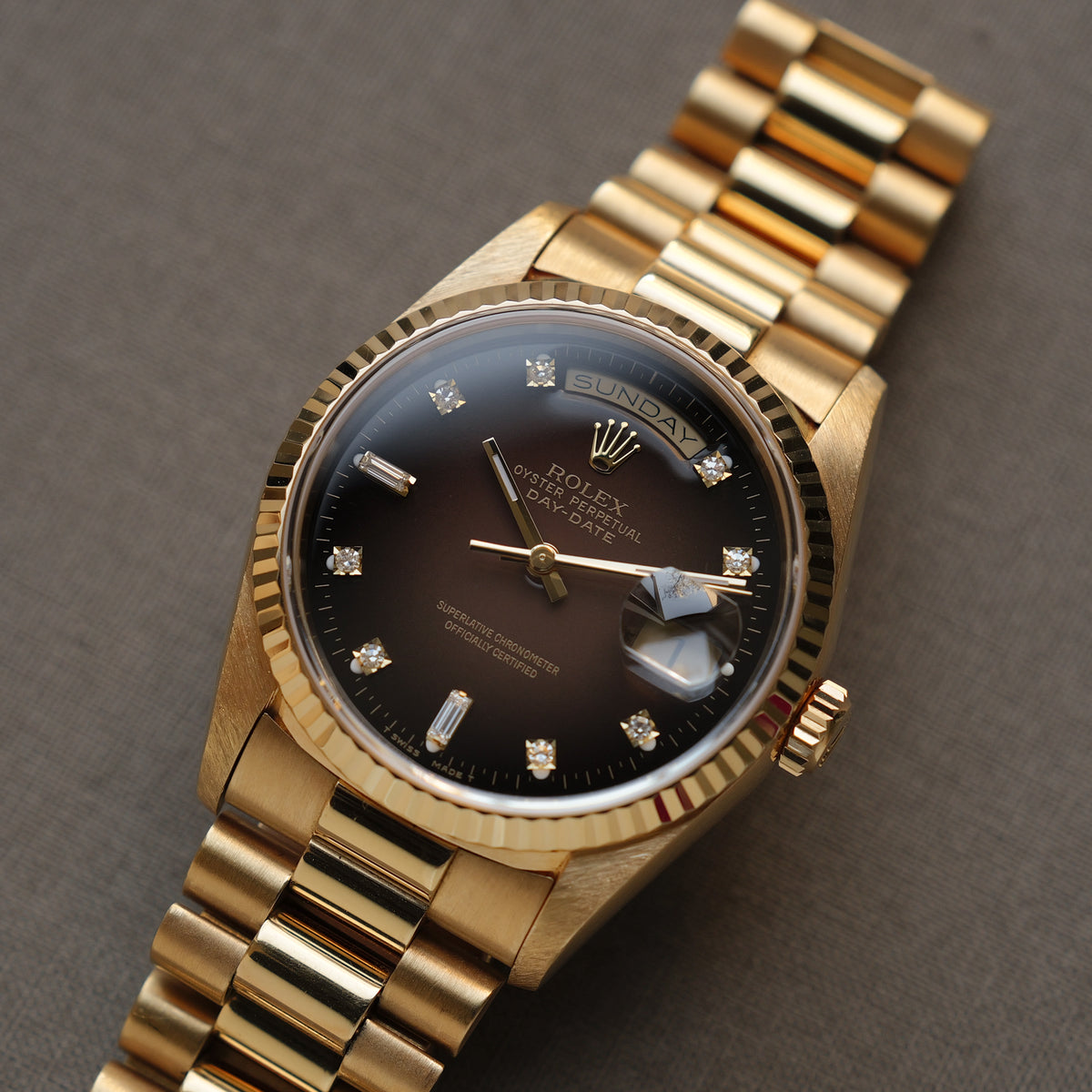 ロレックス/デイデイト18238A/A番/ブラウングラデーション/8Pダイヤ・2Pバゲット/トリチノバ/ROLEX DAY-DATE REF.18238 Brown Vignette Dial 8P Diamond 2P Baguette Tritinova 1998-99y