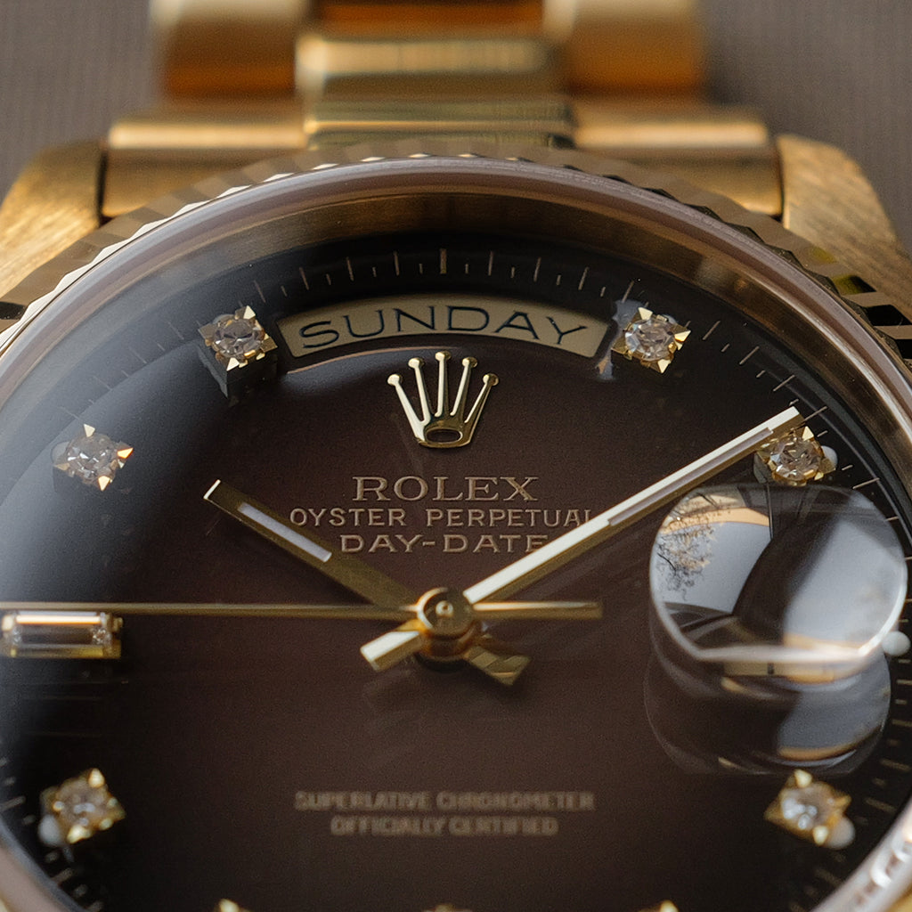 ロレックス/デイデイト18238A/A番/ブラウングラデーション/8Pダイヤ・2Pバゲット/トリチノバ/ROLEX DAY-DATE REF.18238 Brown Vignette Dial 8P Diamond 2P Baguette Tritinova 1998-99y